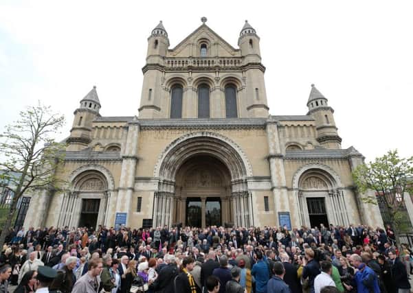 Crowds outside St Annes Cathedral on Wednesday, for the funeral of Lyra McKee, aged 29.  Picture by Jonathan Porter/PressEye