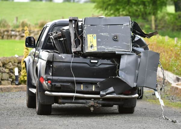 Pacemaker Press  25/4/2019
Cash Machines recovered near  the Woodside Road  in Balllymena on Friday , Two cash machines stolen in an overnight raid have been recovered by police.
The theft happened on the Larne Link Road in Ballymena, with thieves ripping the two machines from a Tesco.
Police received a report of the incident at about 03:00 BST, after a pick-up type vehicle loaded with the cash machines was spotted fleeing.
12 cash machines have been stolen in 10 incidents in Northern Ireland in 2019.
Pic Colm Lenaghan/Pacemaker