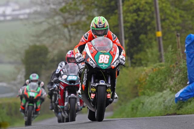 Derek McGee (J.McC Roofing/KMR Kawasaki) leads Adam McLean (McAdoo Racing Kawasaki) in the Supertwin race at the KDM Hire Cookstown 100 on Saturday. Picture: Pacemaker Press.