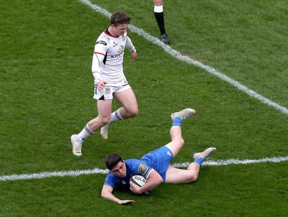 Leinster's Jimmy O'Brien scores a try against Ulster