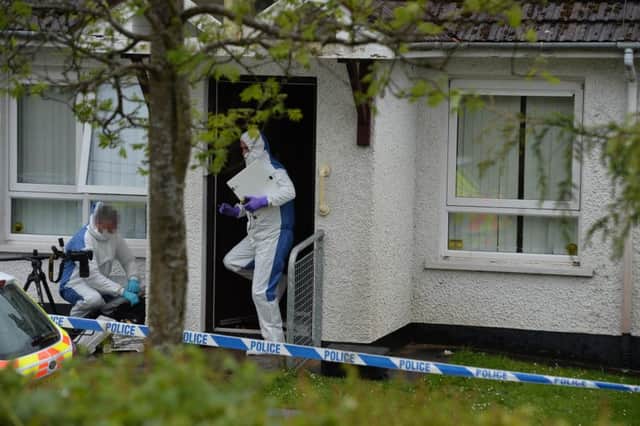 Pacemaker Press  27/4/2019
Forensics at the scene  as Three men and a teenage girl have been taken to hospital after a serious incident in Co Antrim.  Police were called to Cairn Walk in Crumlin during the early hours of Saturday morning.

"Three men aged in their twenties and a female teenager were taken hospital for treatment. 
Pic Pacemaker