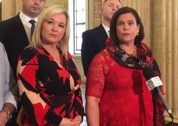 Sinn Fein's leader, Mary Lou McDonald (right) with party colleagues speaking to the media after a meeting with Sinn Fein's negotiating team at Stormont, Belfast on Monday April 29, 2019. Photo: David Young/PA Wire