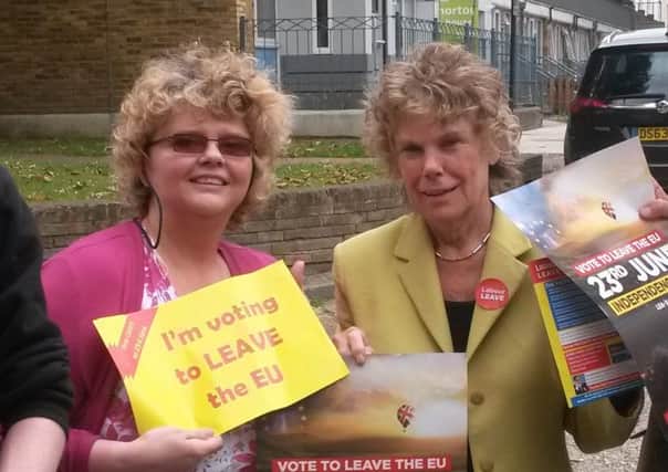 Aileen Quinton (left) and Leave supporting MP Kate Hoey in London on the eve of the EU referendum in June 2016