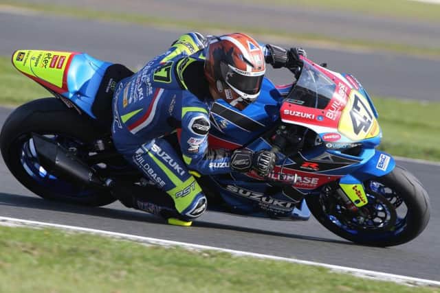 Richard Cooper on the Buildbase Suzuki in the National Superstock 1000 class at Silverstone. Picture: David Yeomans.