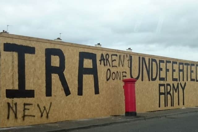 New pro-IRA grafitti has appeared just metres away from where the journalist Lyra McKee was killed in Creggan. PRESS ASSOCIATION Photo. Issue date: Thursday May 2, 2019. McKee, 29, died as a result of injuries sustained when she was shot on the Creggan estate on April 18. See PA story ULSTER Unrest. Photo credit should read: Aoife Moore/PA Wire