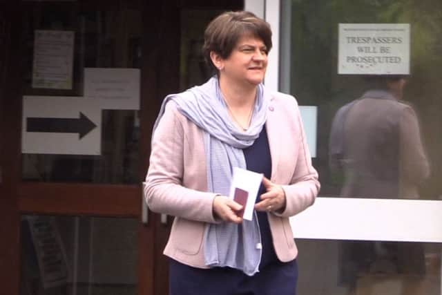 DUP leader Arlene Foster votes in the local election in Brookeborough, Co Fermanagh.  Pic by: Michael McHugh/PA Wire