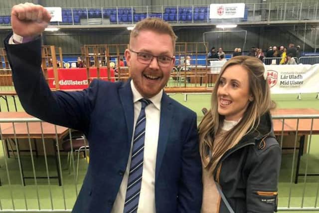 Kyle Black, son of murdered prison officer David Black, of himself celebrating with his girlfriend Adele Bradley, after winning a council seat in Mid Ulster.