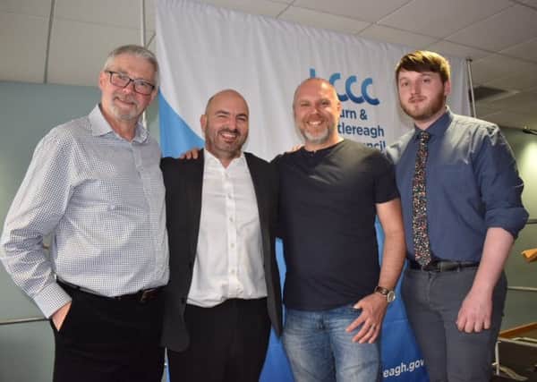 Four Alliance candidates topped the poll in first four DEA's counted in Lisburn and Castlereagh. L-R: Owen Gawith (Downshire West); David Honeyford (Killultagh); Martin Gregg (Castlereagh East) and Aaron McIntrye (Downshire East).