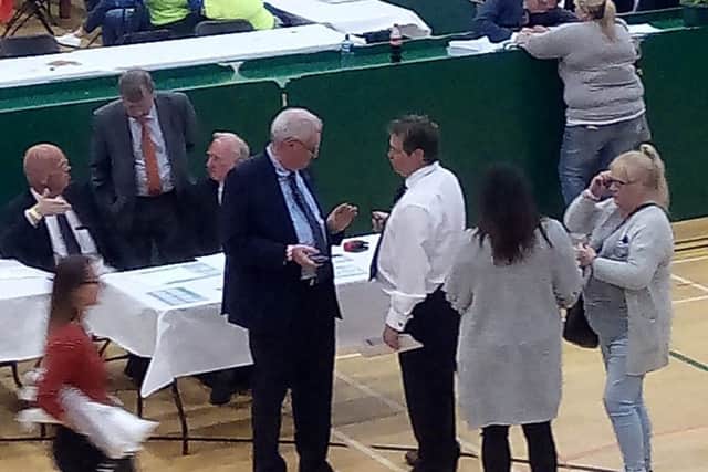 General view of counting in the Valley Leisure Centre, 03-05-19, by AK (with UUP's Steve Aiken and Mark Cosgrove conferring)