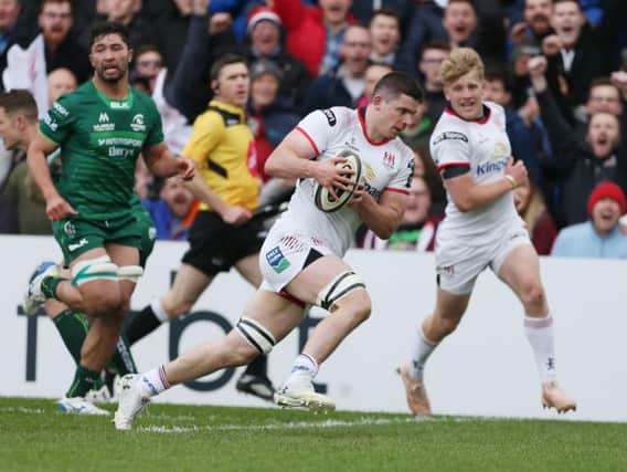 Ulster backrow forward Nicky Timoney goes over for a try against Connacht