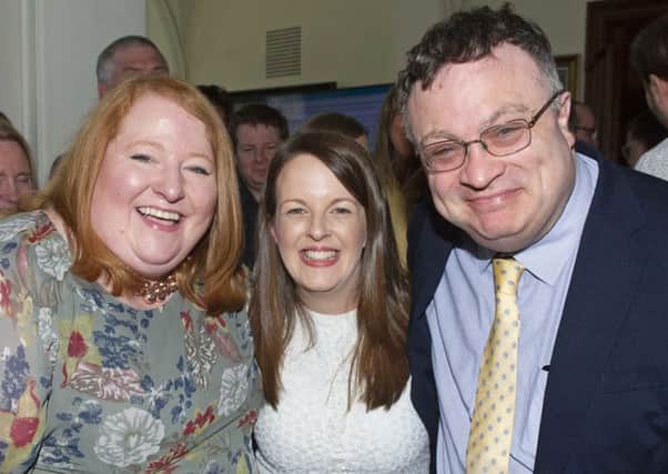 Allliance leader Naomi Long and Stephen Farry with sucessful candidate Nuala McAllister