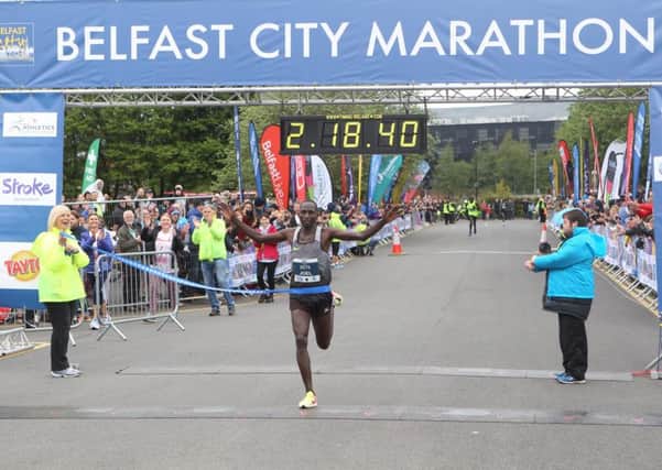 5/5/19 PACEMAKER PRESS
The Belfast Marathon leaves from Stormont and works its way through the city. Belfast marathon winner Joel Kositany crosses the line.
PICTURE MATT BOHILL PACEMAKER PRESS