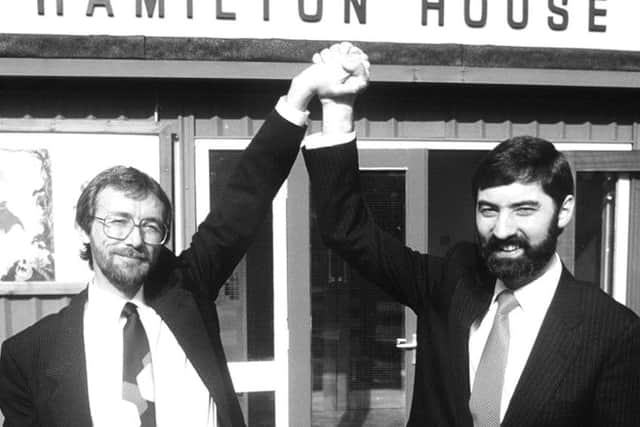 Seamus Close (left) with newly elected Alliance leader John Alderdice in October 1987