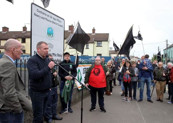 Supporters attending a republican gathering organised by Saoradh at Raymond McCreesh play park in Newry in May 2018.