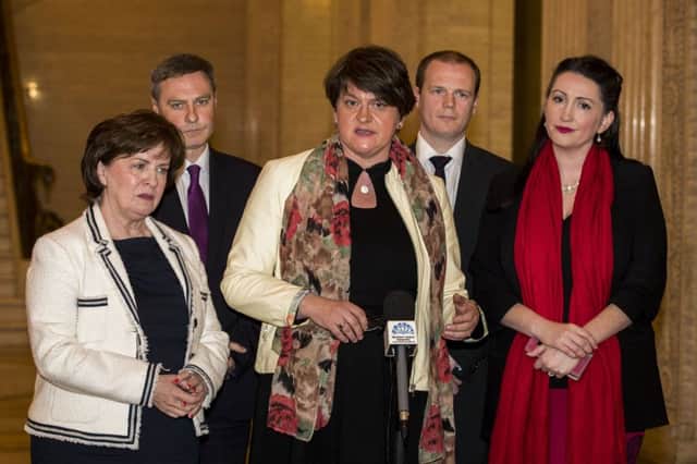 DUP leader Arlene Foster (centre) with party colleagues (from left) Diane Dodds, Paul Frew, Gordon Lyons, and Emma Little-Pengelly speaking to the media in Stormonts Great Hall