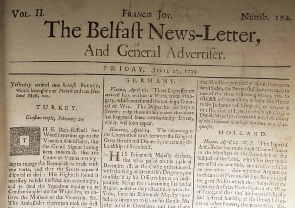 The front page of the Belfast News Letter of April 27 1739 (which is May 8 in the modern calendar)