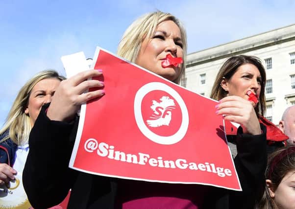 Sinn Fein leader in the northern ireland, Michelle O'Neill, and Sinn Fein MLAs join with An Dream Dearg and pupils from Irish language schools at a protest in support of an Irish Language Act at Stormont: Arthur Allison/Pacemaker Press