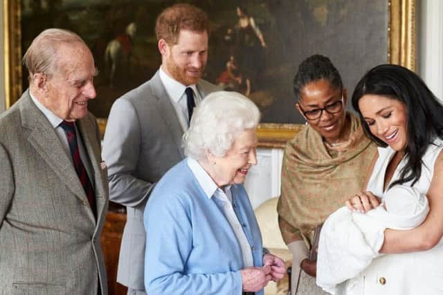 The Duke and Duchess of Sussex are joined by her mother, Doria Ragland, as they show their new son, born Monday and named as Archie Harrison Mountbatten-Windsor, to the Queen Elizabeth II and the Duke of Edinburgh at Windsor Castle.  Photo credit: Chris Allerton/copyright SussexRoyal