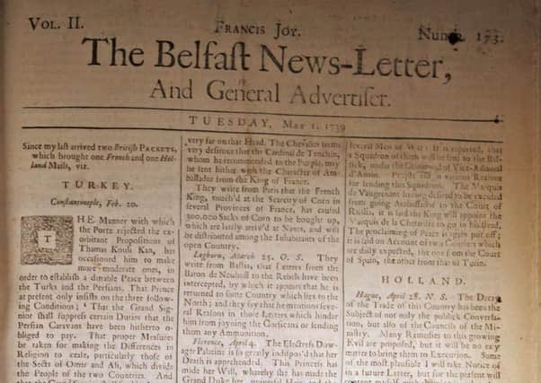 The front page of the Belfast News Letter of May 1 1739 (May 12 in the modern calendar)