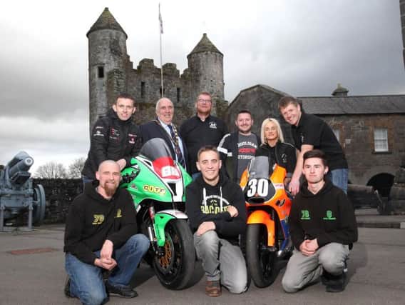 Road racers Derek McGee, Gary Dunlop, Melissa Kennedy, Adrian Heraty, Dominic Herbertson and Ken and Kyle Parkes joined Chairman of Fermanagh and Omagh District Council, Cllr Howard Thornton and Chairman of Enniskillen and District Motorcycle Club, Rodney Shaw to launch the Enniskillen road races at Enniskillen castle. Picture: Stephen Davison/Pacemaker Press.
