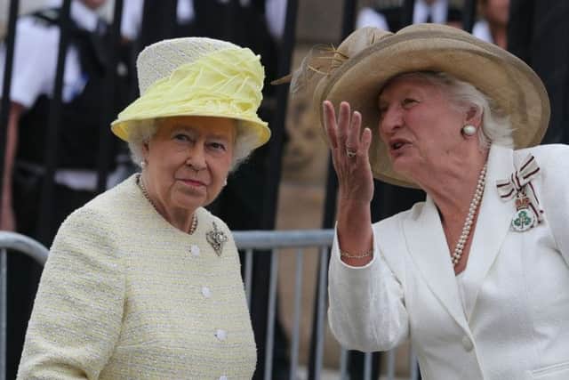 The Queen and Mary Peters pictured yesterday at Crumlin Road jail Pic Russell