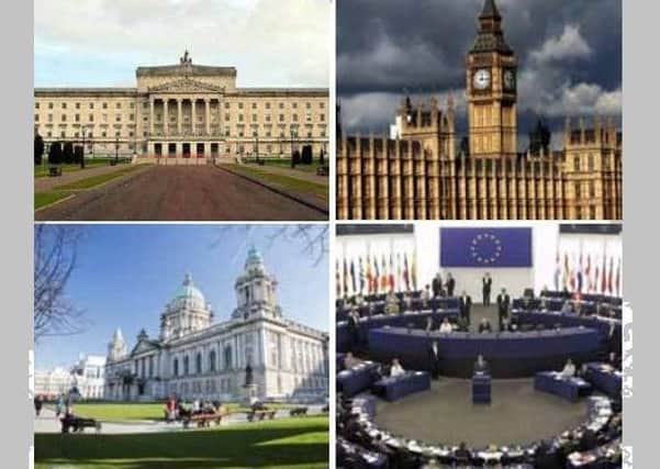 Double jobbing in politics: Some politicians have been members of, clockwise from top left, Stormont, Westminster, Strasbourg parliament, and council (Belfast City Hall). But voters re-elected them to these multiple mandates