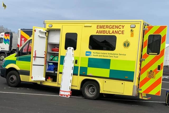 An ambulance attends the NW 200 in Portstewart today, 12 May 2019, after a casualty was reported to have fallen from a height.