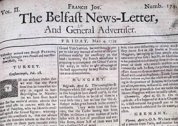 The front page of the Belfast News Letter of May 4 1739 (which is May 15 in the modern calendar)