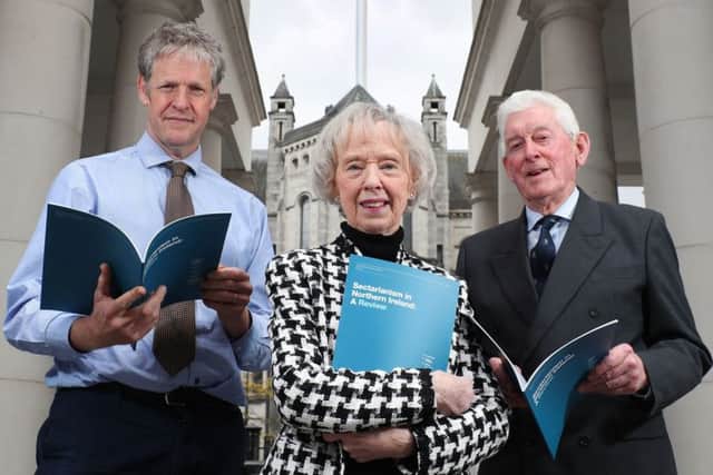 Professor Duncan Morrow, Ulster University, Lady Moyra Quigley and Ronnie Kells, chair, Sir George Quigley Committee, with the report