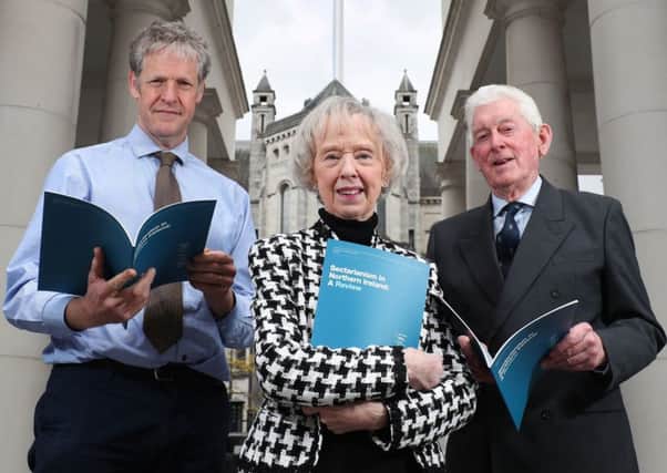 Professor Duncan Morrow, Ulster University, Lady Moyra Quigley and Ronnie Kells, chair, Sir George Quigley Committee, with the report