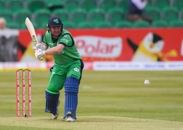 Paul Stirling of Ireland plays a shot during the One Day International match between Ireland and Bangladesh at Clontarf Cricket Club, Dublin