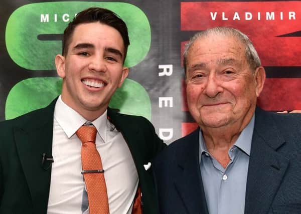 Michael Conlan with CEO of Top Rank Bob Arum during a press conference at Balmoral Hotel in Belfast