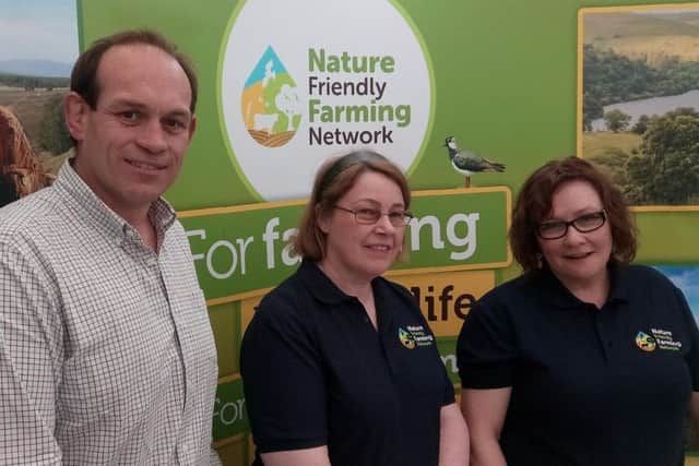 Simon Best with Margaret Kelly and Marie Brady at the Nature Friendly Farming Network stand