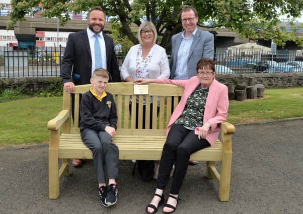 Lynn Johnston (seated right) along with grandson, Cale presented a summer seat to Larne & Inver Primary School in memory of her late husband, Rusty who was the school patrol man for approximately seven years also pictured are school principal, Kirk Patterson, Lucinda McFaul and Andy Wilson. INLT 19-001-PSB