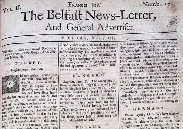 The front page of the Belfast News Letter of May 4 1739 (which is May 15 in the modern calendar)