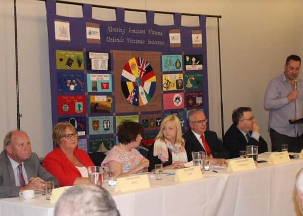 South East Fermanagh Foundation event panel (from left)  Jim Allister, Dolores Kelly, Diane Dodds, Dr Maire Braniff (chair), Danny Kennedy and Stephen Farry. Standing: SEFF director Kenny Donaldson