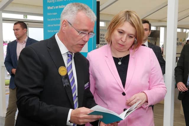 Secretary of State for NI Karen Bradley and Head of Ulster Bank Richard Donnan at the Balmoral Show on Thursday. Picture; Jonathan Porter/PressEye