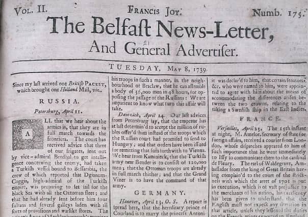 The front page of the Belfast News Letter of May 8 1739 (which is May 19 in the modern calendar)