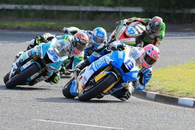 Lee Johnston (Ashcourt Racing Yamaha) leads Alastair Seeley (EHA Racing Yamaha), Dean Harrison (Silicone Engineering Kawasaki) and James Hillier (Quattro Plant Kawasaki) in the opening Supersport race at the North West 200.