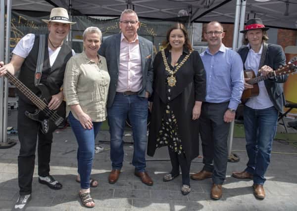 Pictured are Lee Hedley, Karen Sheals Hoy from American Holidays, Seamus O'Neill, festival director, Lord Mayor of Belfast Deirdre Hargey, Austin Guy from Diageo and Tony Villiers at the Belfast City Blues Festival launch. Photo by Debbie Deboo