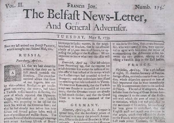 The front page of the Belfast News Letter of May 8 1739 (which is May 19 in the modern calendar)