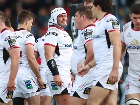 Ulster captain Rory Best and the players dejected after conceding a third try just at the end of the first half against Glasgow