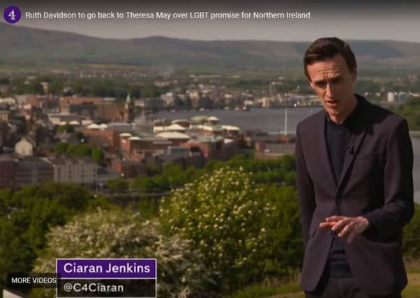 Ch4 news clip filmed in Londonderry about Westminsters role in promoting gay rights in NI. Shown on Friday, it was headlined: Lyra McKees friends feel worthless after Northern Ireland Office spends just £318 on LGBT rights