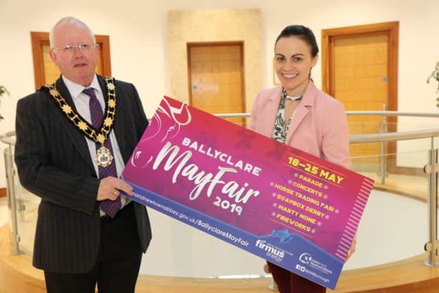 The Mayor of Antrim and Newtownabbey, Alderman John Smyth is joined by Angeline Murphy, Marketing manager from Firmus Energy, who are sponsoring the May Fair Concert on Saturday, May 25.