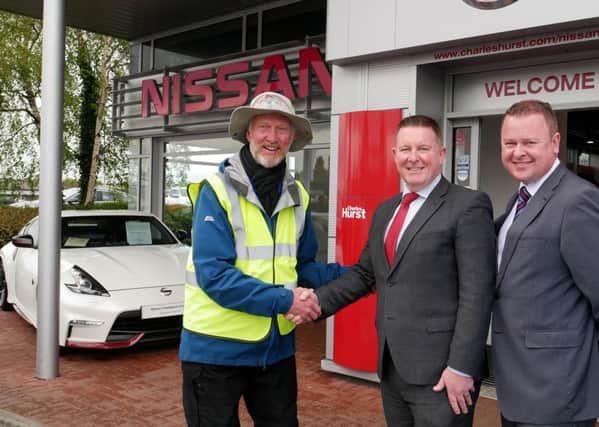 (From left) Brian Burnie, founder of Daft as a Brush, meets Jeff McCartney and Justin Kinnear, Charles Hurst Nissan