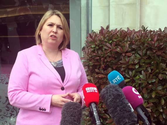 Secretary of State for Northern Ireland Karen Bradley speaks to the media outside the Stormont Hotel in Belfast. Pic: David Young, PA Wire
