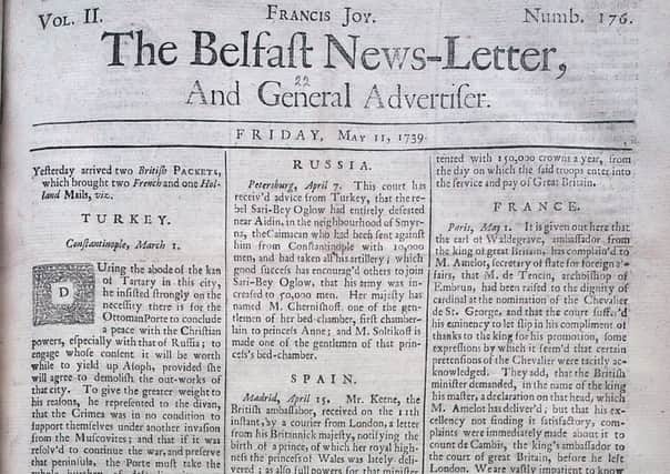 The front page of the Belfast News Letter of May 11 1739 (which is May 22 in the modern calendar)