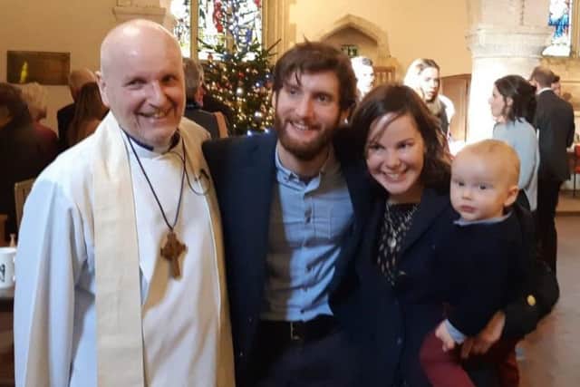 Bishop Alan Abernethy with his son Peter, daughter-in-law Roseanna and grandson Patrick at his baptism in December