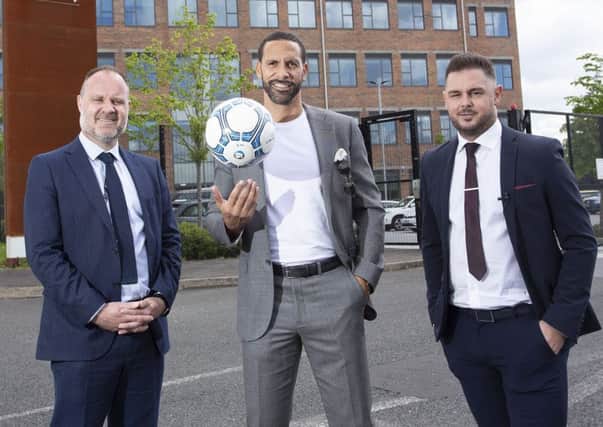 Rio Ferdinand with Shane Smith from the Innovation Factory (left) and former professional player Lee Mudd who heads up New Eras Belfast office