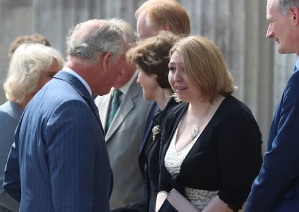 Prince Charles talks to Secretary of State Karen Bradley at Castle Coole on the outskirts of Enniskillen